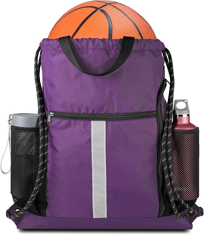 BeeGreen Purple_Drawstring_Backpack_Bag_Sports_Gym_Backpack with Shoe Compartment and Two Water Bottle Holder for Men Women Large String Athletic Sackpack Workbag