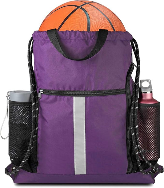 BeeGreen Purple_Drawstring_Backpack_Bag_Sports_Gym_Backpack with Shoe Compartment and Two Water Bottle Holder for Men Women Large String Athletic Sackpack Workbag
