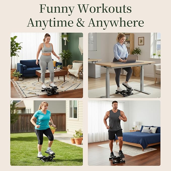 Mini Stair Steppers with Resistance Bands for Exercise at Home, Portable Exercise Twist Stepper Machine for Full Body Workout, Hydraulic Fitness Stepper with LCD Monitor，Black