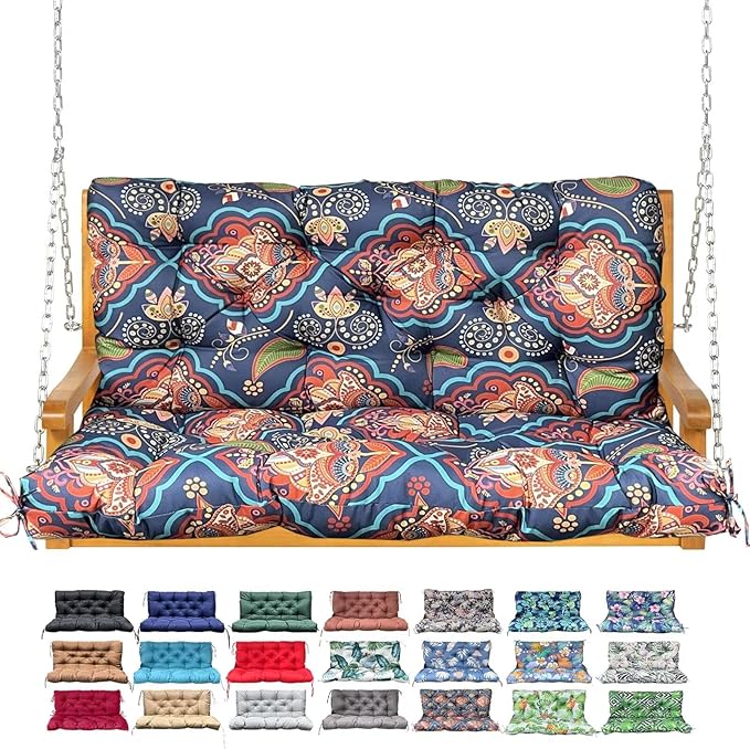 Porch Swing Cushion with Backrest,Waterproof Bench Cushion for Outdoor Furniture,2-3 Seater Replacement Thickened Swing Cushion with Ties,Patio,Outdoor,Backyard and Garden (Bohemian,60x40)