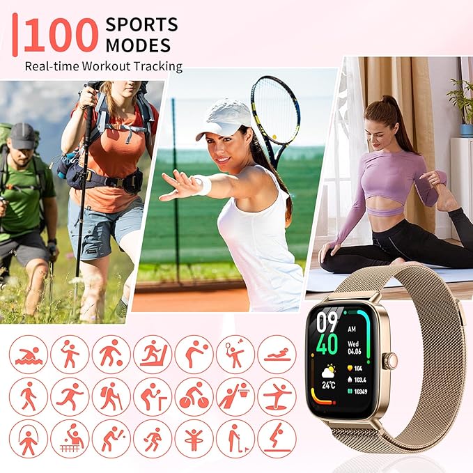 Smart Watch for Women(2 Bands), 1.85" HD Fitness Tracker Screen with Call Function, IP68 Waterproof, 100+ Sport Modes, Blood Oxygen Monitor/Heart Rate/Sleep Monitor, iOS Android Compatible (Gold)