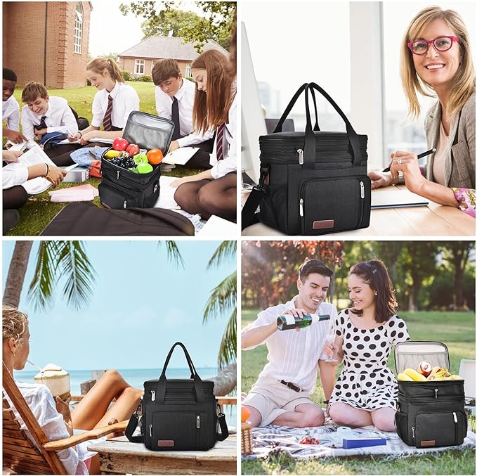 Expandable Lunch Box for Women Men | Adult Lunchbag Cooler Tote Bag with Adjustable Shoulder Strap | Insulated Reusable Womens Lunch Bags for Work Camping Beach | 16L, Black