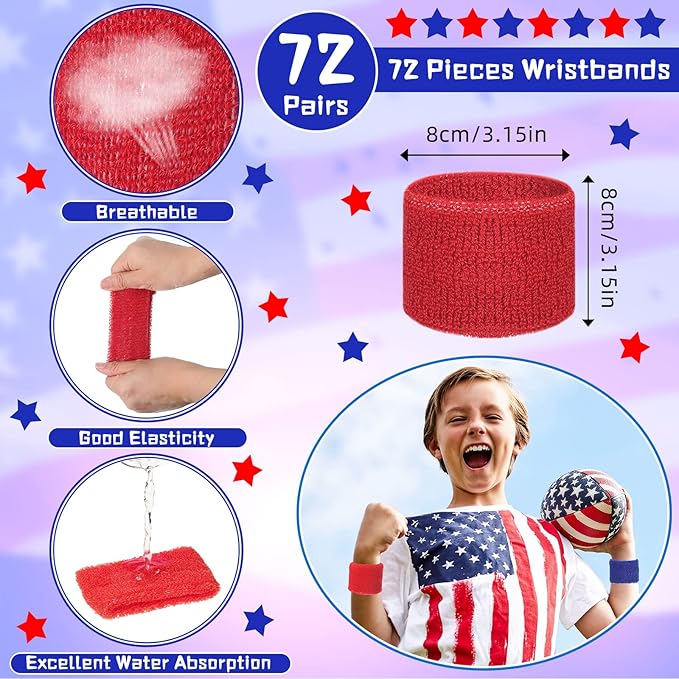 Leyndo 72 Pcs Wrist Sweatbands Bulk for Kids Field Day Cotton Terry Sweat Bands Sports Fan Wristbands Kids for Summer Camp Student Football Team Competition Party