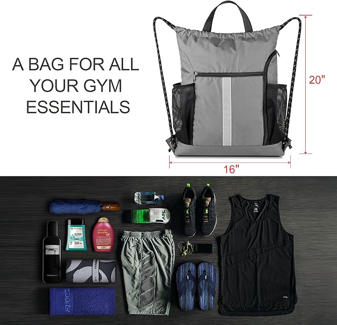 BeeGreen Grey Drawstring Bag Pack Gym Sackpack w Shoe Compartment Two Water Bottle Holder Portable String Sinch Sack for Gymnastic Athletic Beach Travel
