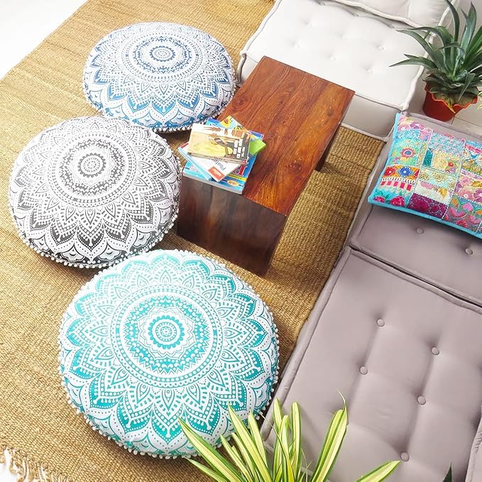 Eyes of India - 32" Green White Round Colorful Floor Patchwork Pillow Cover Meditation Cushion Seating Throw Mandala Hippie Bohemian Accent Boho Chic Dog Bed Indian Handmade Cover ONLY