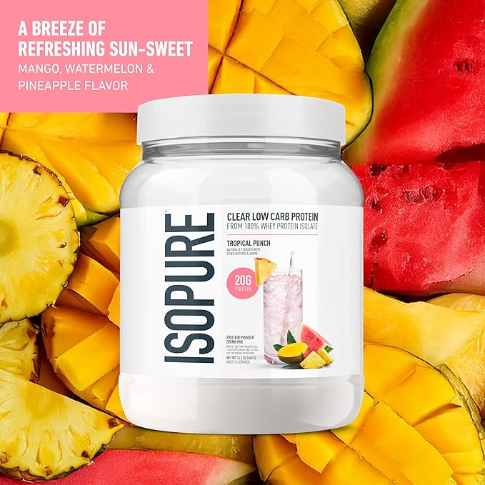 Isopure Clear Whey Isolate Protein Powder, Lactose Free, Gluten Free, Naturally Flavored, Tropical Punch, 20g Protein Per Serving, 14.1 Oz, 16 Servings (Packaging May Vary)
