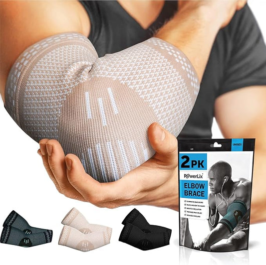 POWERLIX Arm Orthopedic Brace Compression Support (Pair) - Elbow Sleeve for Arthritis,Golf Elbow,Golfers Elbow,Pain Relief,Tendonitis,Tennis (Beige, L)