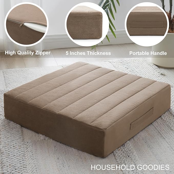 2 Pcs High Density Foam Floor Pillow - Upgraded Large Pillows Seating for Adults - Outdoor Floor Cushion with Soft Tufted Cover - Yoga Pillows for Sitting On Floor - 22 Inch Coffee