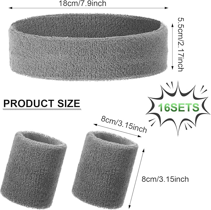 48 Pcs Football Sweatbands Bulk for Men Women Striped Sweatband Set, Include 16 Headband and 32 Wristbands Sports Neon Accessories for 80's Costume Party Athletic Gym