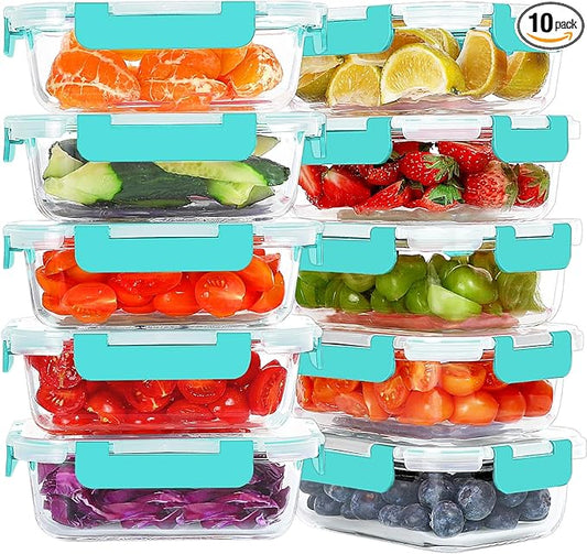 KOMUEE 10 Packs 22 oz Glass Meal Prep Containers, Glass Food Storage Containers with Lids, Airtight Lunch Boxes BPA Free, Microwave and Freezer Safe, Green