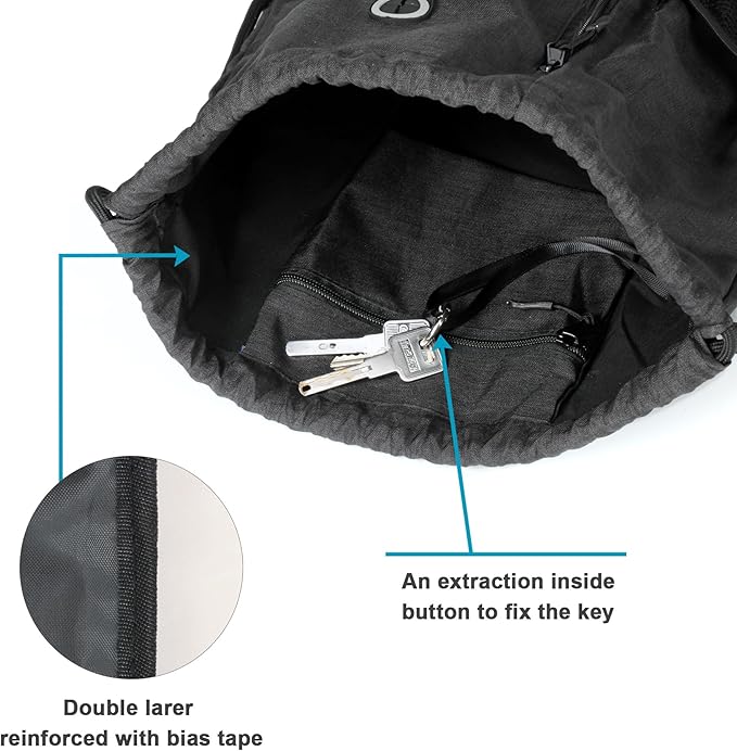 BeeGreen Mix Black Drawstring-Backpack-Gym-Bag, Large Sports Bag For Women W Water Bottle Pocket &Front Zippered Pocket, String Sackpack For Traveling Yoga Beach Outdoor