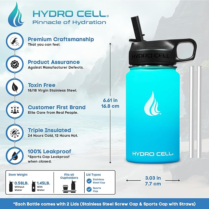 HYDRO CELL Stainless Steel Insulated Water Bottle with Straw - For Cold & Hot Drinks - Metal Vacuum Flask with Screw Cap and Modern Leakproof Sport Thermos for Adults (Teal/Blue 14oz)