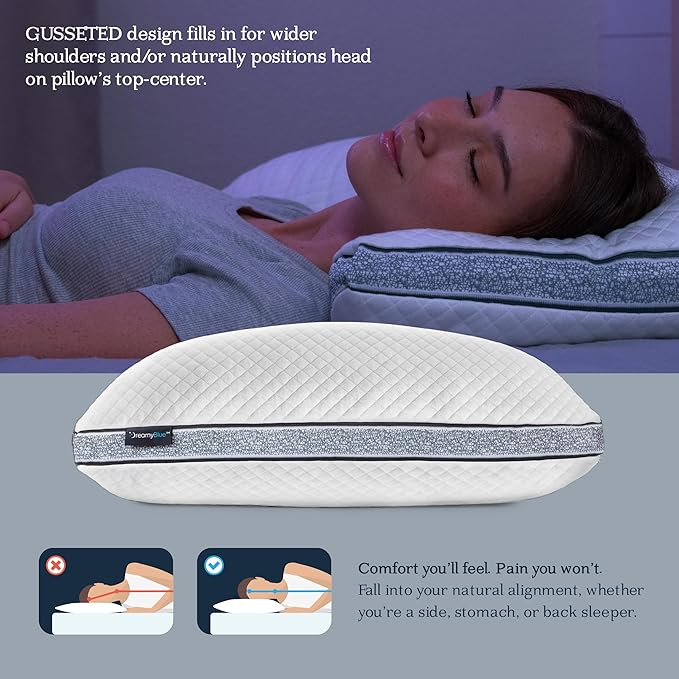 DreamyBlue Gusseted Sapphire Pillow • Adjustable Loft, Luxury Cover, Shredded Memory Foam Fill w/Cooling Beads • Ideal for Wide Shoulders • Neutral Alignment for All • CertiPUR-US Certified (Queen)