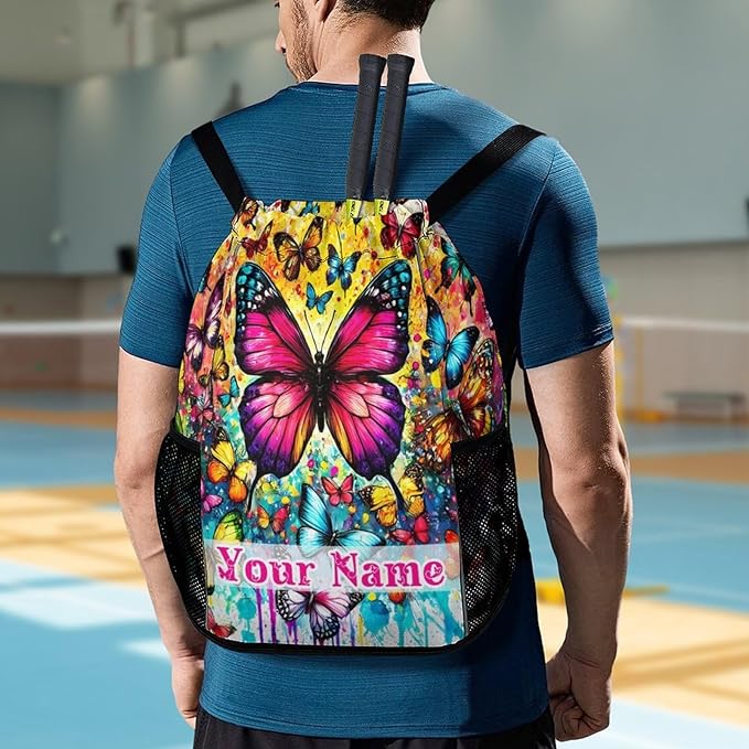 Custom Butterfly Drawstring Backpack - Cute Cinch Sack, String Backpacks with Pocket for Kids Boys Girls Women Men for Gym Outdoor Sports Travel Athletic Drawstring Bag - Lightweight/Foldable
