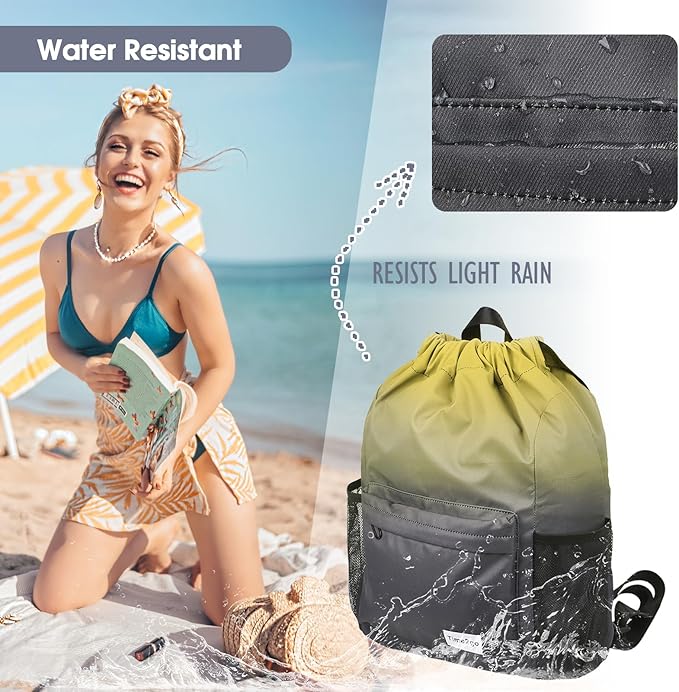 Drawstring Backpack Sports Gym Sackpack with Mesh Pockets Water-Resistant String Cinch Beach Bag for Men Women(Yellow Black)