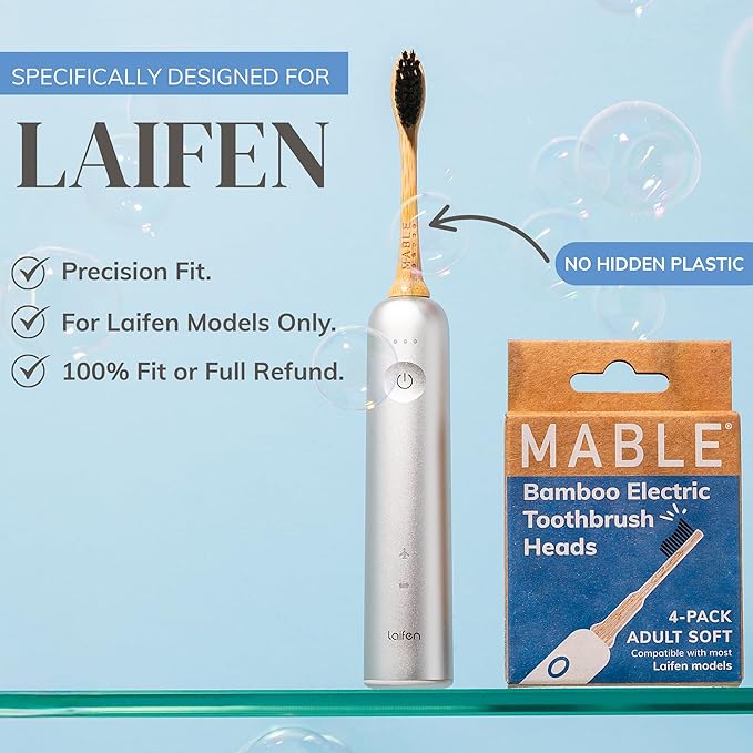 Bamboo Electric Toothbrush Heads | Compatible with Laifen Electric Toothbrush | 4 Brush Heads with Soft Bristles | Plant-Based Adult Size Replacement Heads