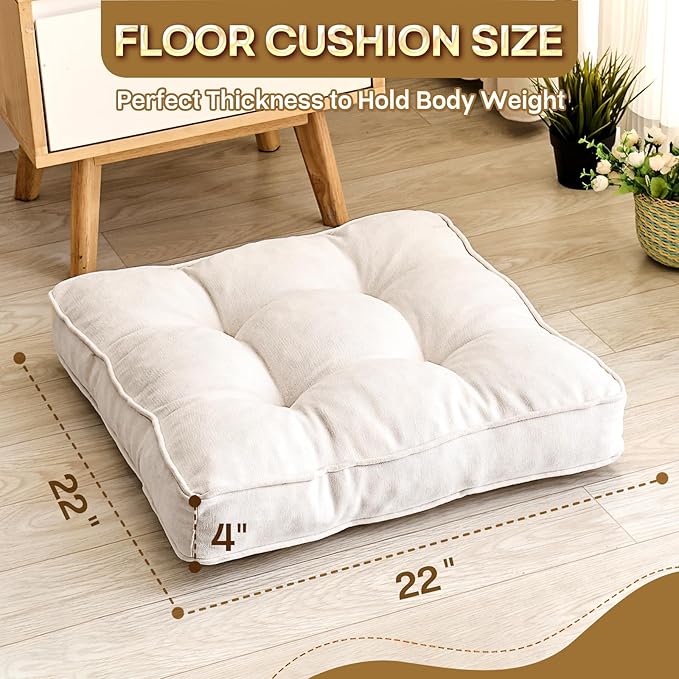 Floor Pillow Set of 2, Memory Foam Floor Cushions for Adults, Large Square Meditation Pillow for Sitting, 22 x 22 Inches (Square | Beige)