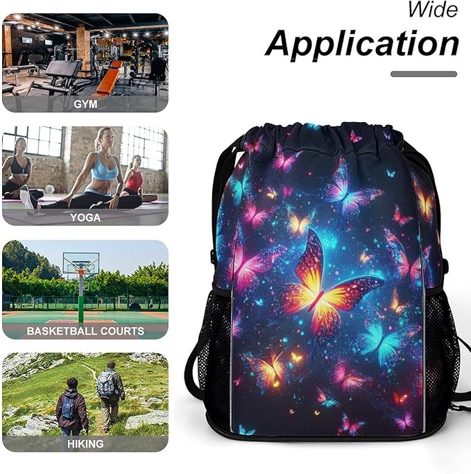 Butterfly Drawstring Backpack - Cute Cinch Sack, String Backpacks with Pocket for Kids Boys Girls Women Men for Gym Outdoor Sports Travel Athletic Drawstring Bag - Lightweight/Foldable
