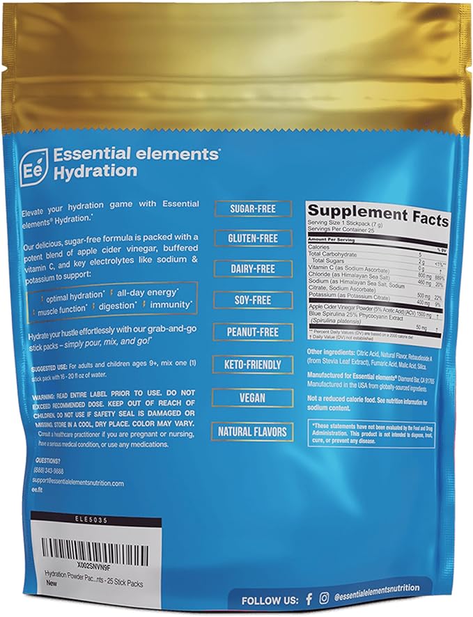 Essential Elements Hydration Packets - Blue Raspberry Pack - Sugar Free Electrolytes Powder Packets - 25 Stick Packs of Electrolytes Powder No Sugar - Hydration Drink - with ACV & Vitamin C