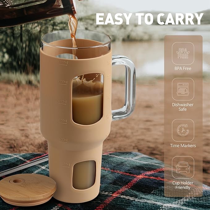 Glass Tumbler with Straw and Lid, 40 oz glass cup with handle, Glass Water Bottles with Time Marker, Silicone Protective Sleeve-Amber