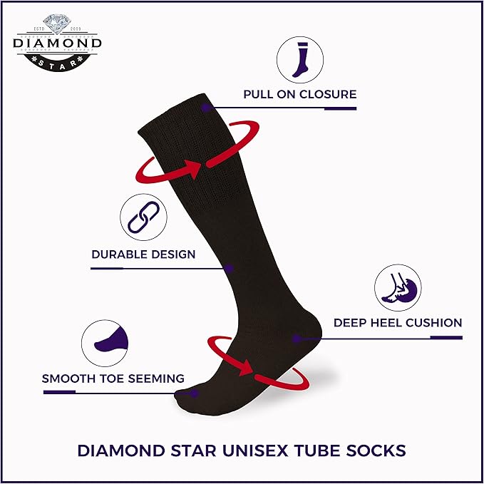 Diamond Star Men's 6 Pack Athletic Tube Socks Running Sports OVER THE CALF Full Cushioned Premium Soft Cotton Big and Tall