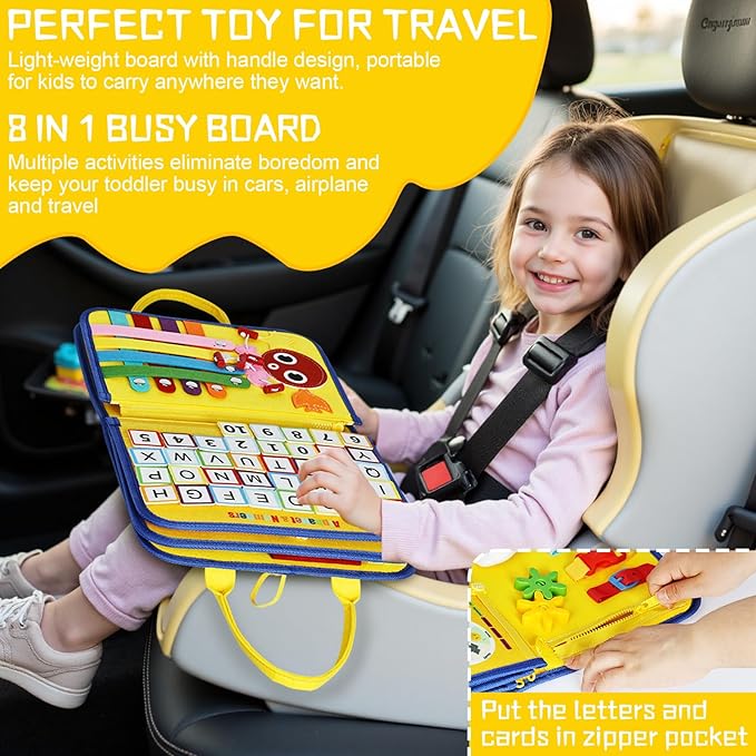 Esjay Toddler Busy Board Montessori Toys for Boys Girls, Sensory Board Educational Activities for Learning Fine Motor Skills, Birthday Gifts for Toddlers, Travel Toys for Airplane Car, Yellow Truck