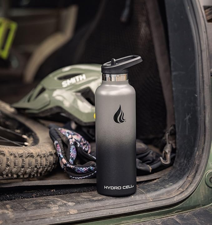 HYDRO CELL Stainless Steel Water Bottle with Straw & 2 Standard Mouth Lids (32oz 24oz 20oz 16oz) Keeps Liquids Hot or Cold w/Double Wall Vacuum Insulated Leak Proof Sport Design (Graphite/Black 24oz)