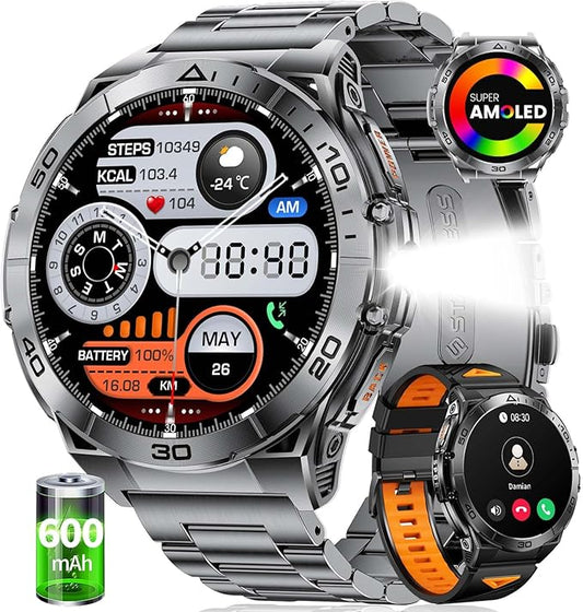 EF16 Smart Watch for Men (Answer/Make Calls), 1.6" AMOLED HD Fitness Watches with LED Flashlight, 600mAh Battery/2 Straps/100+ Sports/IP68 Waterproof Smartwatch for Android iPhone Compatible