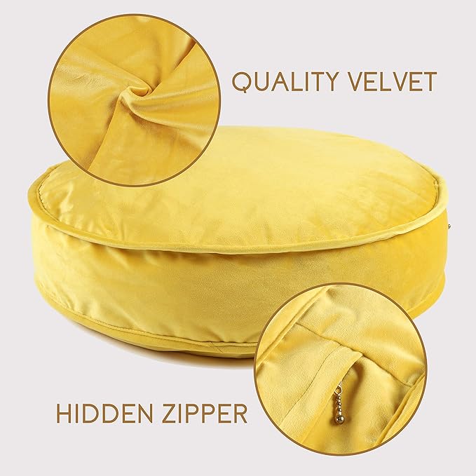 Round Floor Pillow Cover Velvet Throw Seating Pouf Yoga Meditation Cushion Plush Case Reading Room Decor Cover Only (25.6IN, Yellow)