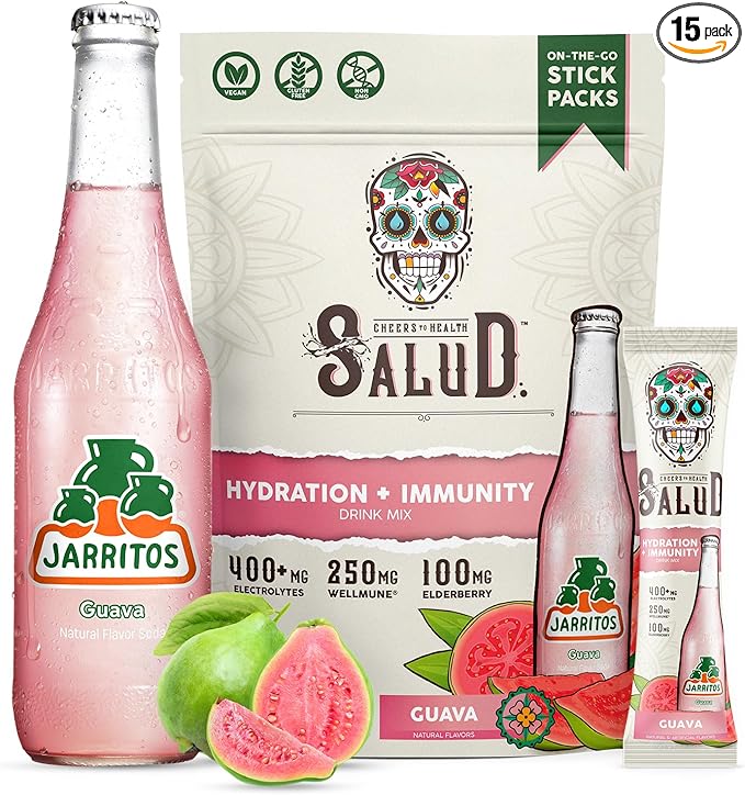 Salud x Jarritos 2-in-1 Hydration Packets + Immunity Electrolytes Powder, Guava - Agua Fresca Drink Mix, Elderberry, Dairy & Soy Free, Non-GMO, Gluten Free, Vegan, 1g Sugar (15 Servings)