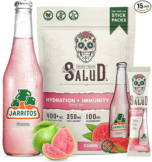 Salud x Jarritos 2-in-1 Hydration Packets + Immunity Electrolytes Powder, Guava - Agua Fresca Drink Mix, Elderberry, Dairy & Soy Free, Non-GMO, Gluten Free, Vegan, 1g Sugar (15 Servings)