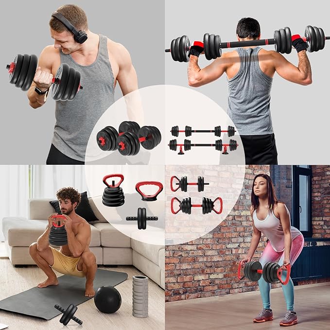 RELIFE REBUILD YOUR LIFE Adjustable Dumbbells Set 6 in 1 Weight Set Dumbbell Barbell Kettlebells, Push-up, Push up Stand and Ab roller for Workout Home Fitness Equipment