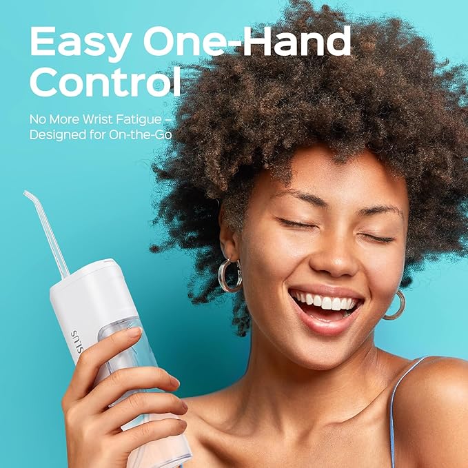 COSLUS Mini Water Flosser for Travel: Portable Compact Design, Cordless Oral Irrigator with 4 Jet Tips Storable, IPX7 Waterproof for Braces, Orthodontic, Sensitive Gums Outing & Home, White, T40
