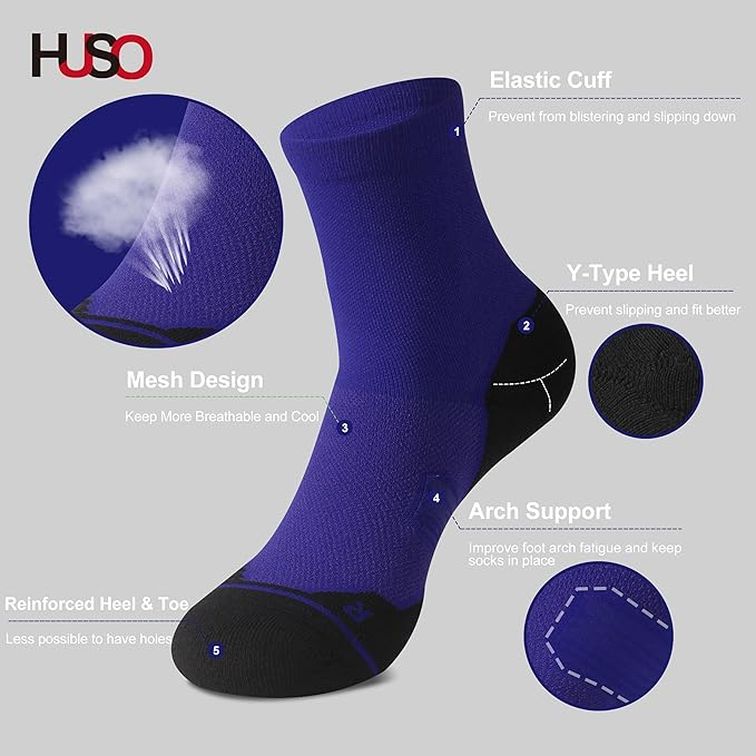 HUSO Compression Ankle Running Socks: Athletic Socks for Men Women with Cushion,Work Hiking Basketball Sport Socks 3 Pairs