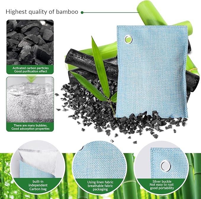 4 Pack charcoal odor absorber,Bamboo Charcoals Air Purifying Bag Charcoals Deodorizer Eliminator for Strong Odors in Car, Closet, Shoe, Basement (200G*4 Pack Light Blue, Unscented)