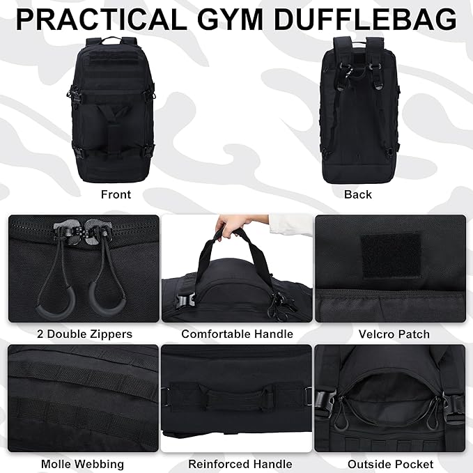 Gym Bag Duffle Bags Backpack Travel Duffle Bag with Weekend Overnight Bag for Outdoor Tactical Sports Travel Camping Hunting (Black, 60L)