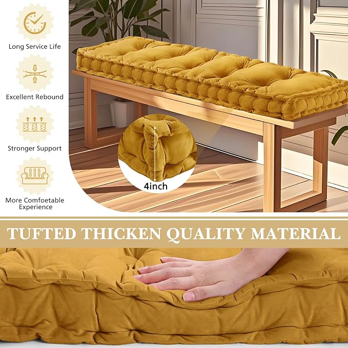 Bench Cushions for Indoor Furniture 36x14 Inch Velvet Kitchen Dining Piano Window Seat Cushion, Tufted Patio Porch Swing Thicken Bench Pad Memory Foam(Yellow)