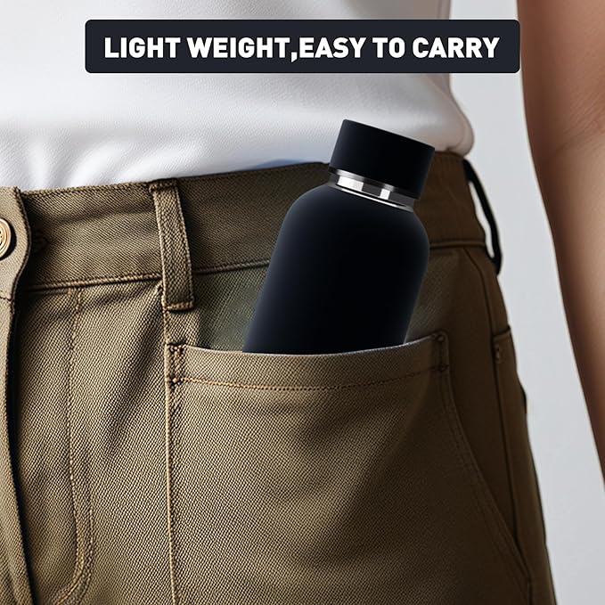 Small Water Bottle 12oz with Clip, Double Wall Stainless Steel Vacuum Small Insulated Water Bottle Keeps Drinks Cold 24 Hrs/Hot 12 Hrs for Kids Handbag School BPA Free (Black)