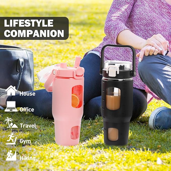 BLUEGO 32oz Glass Water Bottles with Straw Time Marker Half Gallon Large Motivational Water Bottle with Silicone Sleeve 2 Liter Large Glass Water Jug for Gym, Sports& Workout, Daily, Black