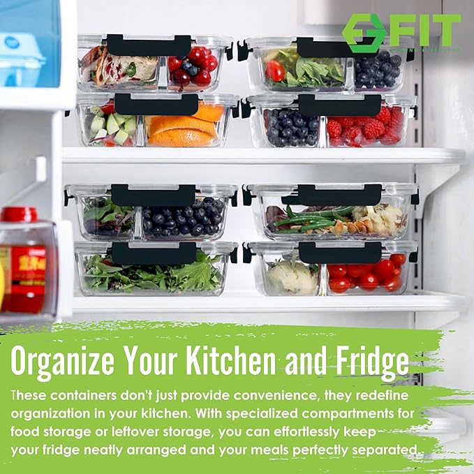 FIT Strong & Healthy Meal Prep Containers, 1 & 2 & 3 Compartments – Glass Bento Box Adult Lunch Box, Glass Containers Meal Prep with Lids, Container with Compartments, 35 oz, Black, 3 Pack