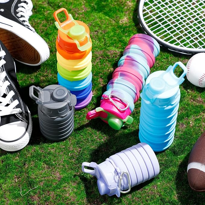 8 Pcs Collapsible Water Bottles Silicone Travel 16 oz Reusable Leakproof Foldable Water Bottles with Clip for Camping Hiking Cycling Travel Gym Yoga Outdoor Sports