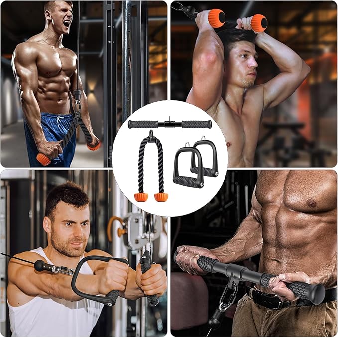 SELEWARE Triceps LAT Pulldown Attachments Home Gym Workout Accessories with Non-Slip Soft Rubber Grip Cable Machine Attachments Triceps Rope Double D Row Handle Pull Down Bar Straight Bar Exercise
