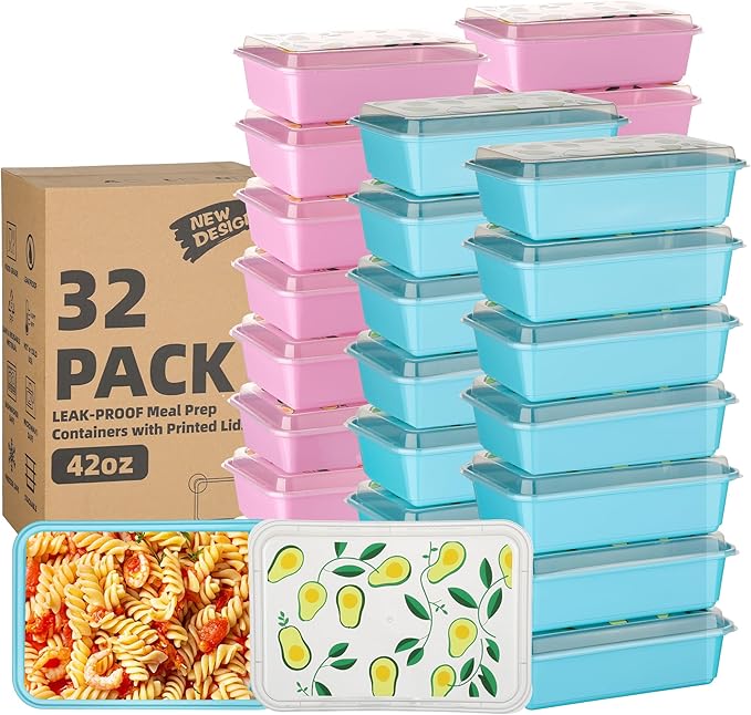 32 Pack 42 oz Meal Prep Containers, Reusable Plastic Food Prep Storage Containers with Printed Lids, Stackable, Leakproof, Microwave & Freezer & Dishwasher Safe,To Go Take Out Box, Avocado