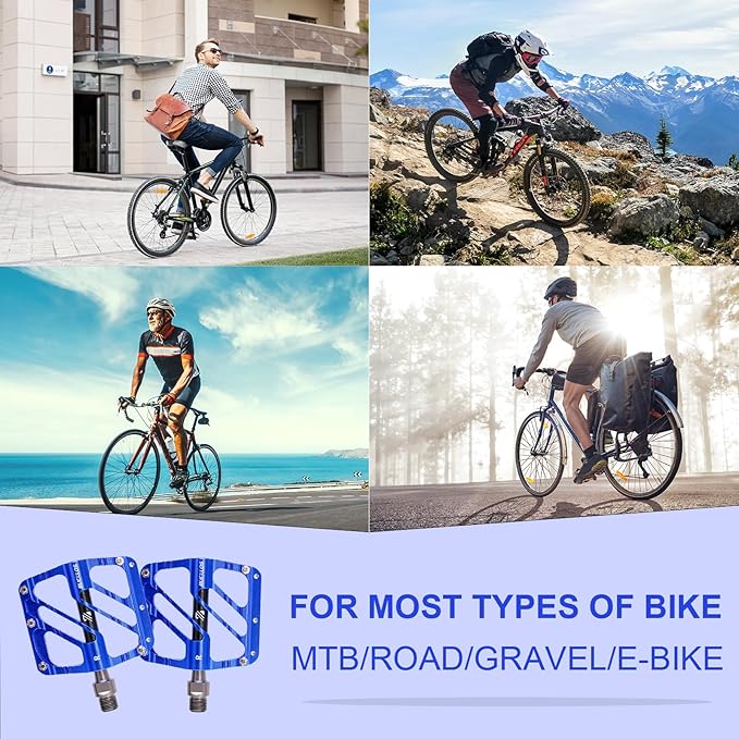 BUCKLOS MTB Flat Pedals Mountain Bike Pedals, 3 Bearings CNC Adult Road Bike Pedals, Bicycle Platform Aluminum Alloy Non-Slip Pedal for Gravel Bike/BMX 9/16"(Black)