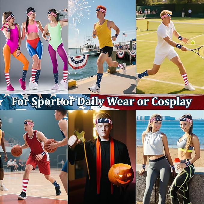 ONUPGO 5 Pieces Sweatbands Striped Socks Set Sports Headband Wristbands High Tube Socks 80s Accessories Costumes