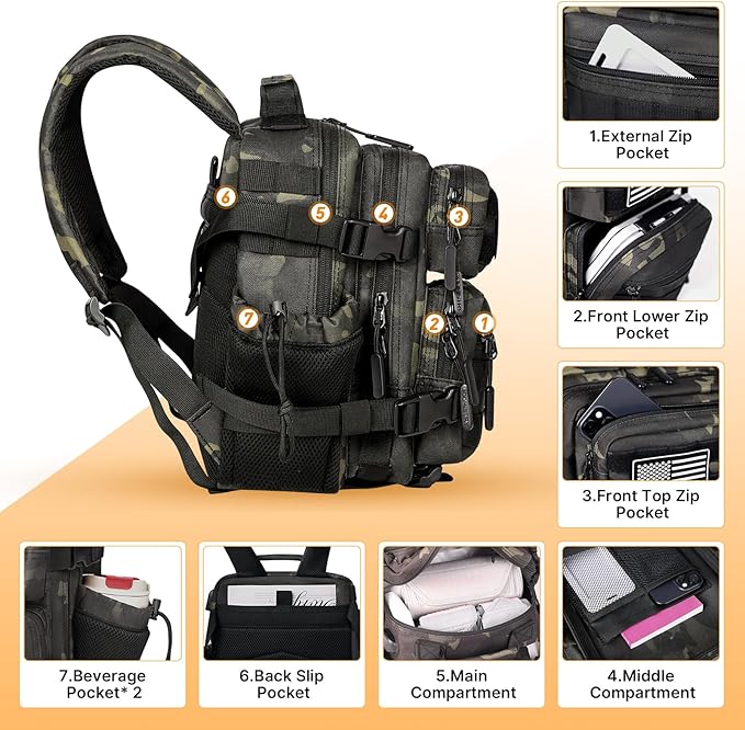 15L Mini Tactical Backpack Small Tactical Backpack for Men and Women, Military Backpack for Gym, Hiking, Daily (Black Camo-15L)