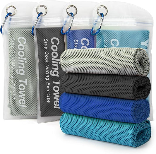 YESLIFE 4 Pack Cooling Towel 40"x12", Gym Towels for Men and Women, Soft Breathable Workout Towels for Yoga, Running, Sport, & More (Black, Dark Blue, Blue, Grey)