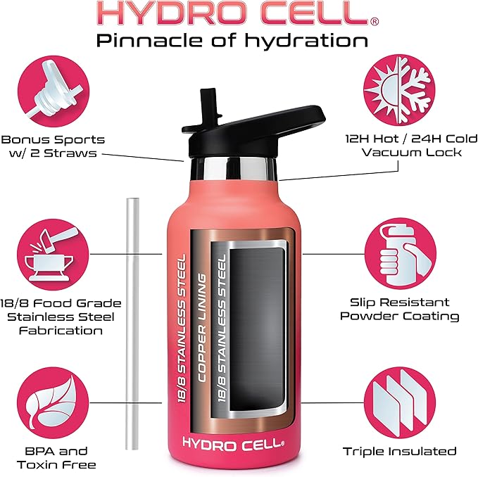 HYDRO CELL Stainless Steel Water Bottle with Straw & 2 Standard Mouth Lids (32oz 24oz 20oz 16oz) Keeps Liquids Hot or Cold w/Double Wall Vacuum Insulated Leak Proof Sport Design (Coral/Punch 16oz)