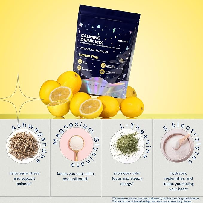 Calm Magnesium Glycinate Drink Mix with Electrolytes – Sugar Free Powder with Ashwagandha, L-Theanine, Vitamin B & GABA – Cortisol Support, Stress Relief, Hydration & Focus - 20 servings (Lemon)