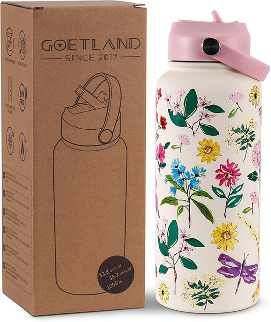 Goetland Flowers Water Bottle Beverage Bottle with Straw Lid 32 oz Stainless Steel Wide Mouth Vacuum Insulated Cute UV Printing Leak Proof For Women Girls Kids Little Pink